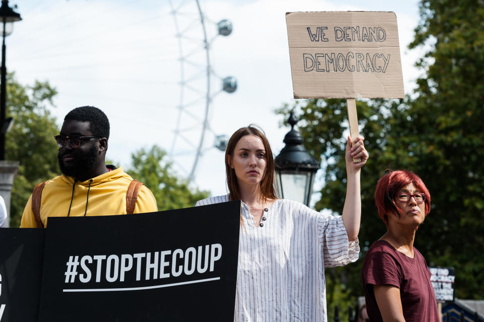 Thousands of demonstrators gather outside Downing Street on 31 August, 2019 in London, England to take part in Stop the Coup protests against the prorogation of the UK Parliament. Hundreds of thousands of people across major cities in the UK are expected to join protests against Boris Johnson's plans to suspend parliament for five weeks ahead of a Queens Speech on 14 October, which has limited the time available for MPs to legislate against a no-deal Brexit with the UK is set to leave the EU on the 31 October. (Photo by WIktor Szymanowicz/NurPhoto via Getty Images)