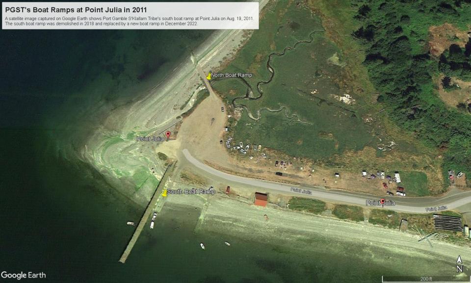 A satellite image captured on Google Earth shows Port Gamble S'Klallam Tribe's south boat ramp at Point Julia on Aug. 19, 2011. 
The south boat ramp was demolished in 2018 and replaced by a new boat ramp in December 2022.