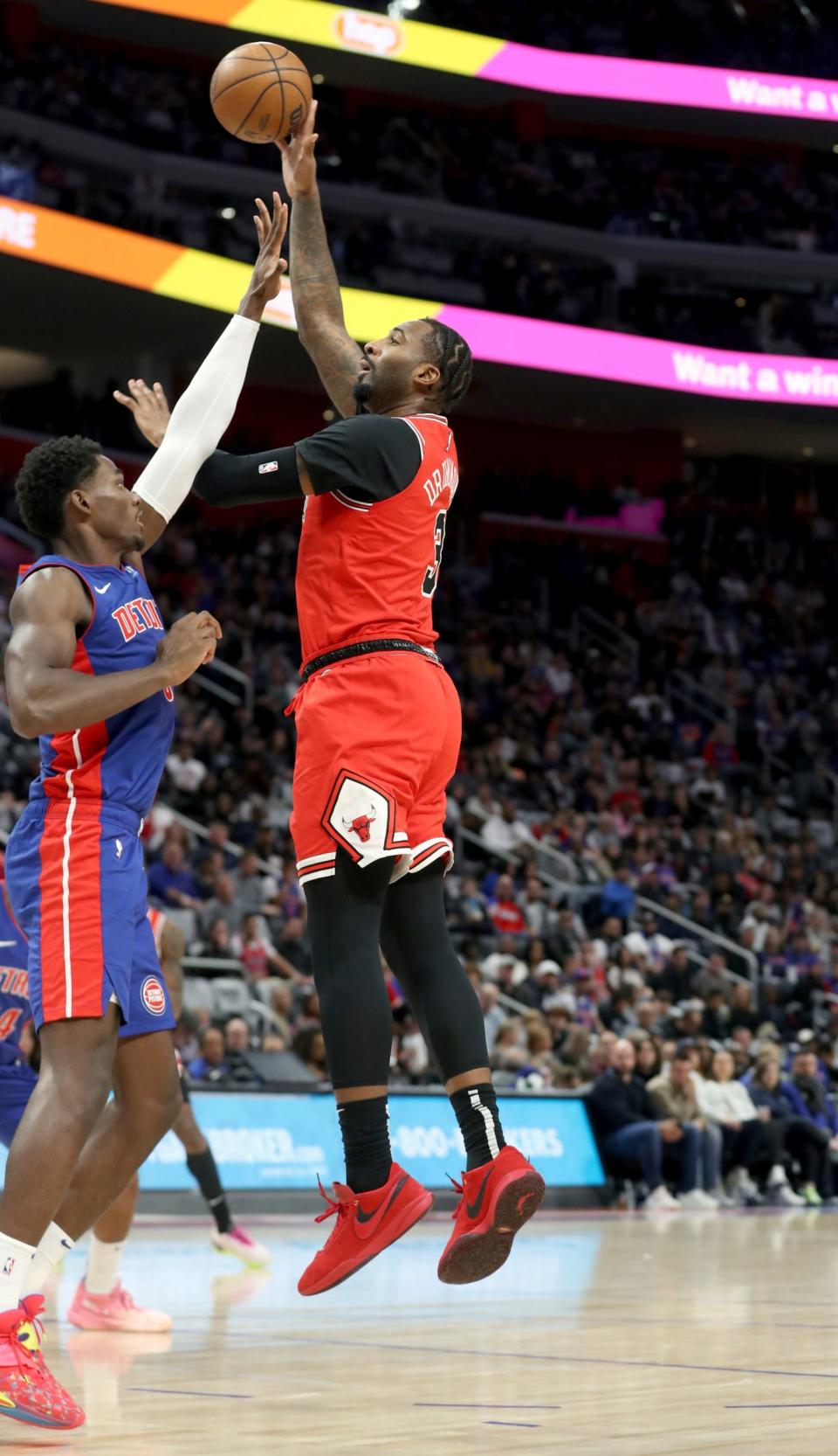 Detroit Pistons center Jalen Duren (0) defends against Chicago Bulls center Andre Drummond (3) during second-quarter action at Little Caesars Arena in Detroit on Saturday, Oct. 28, 2023.