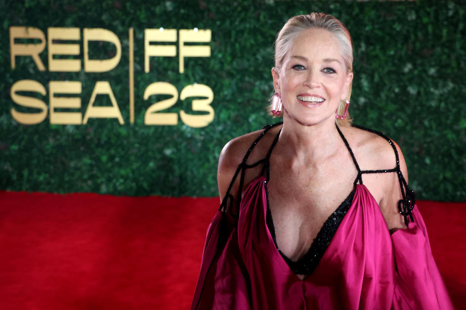 In this handout photo released by the Red Sea International Film Festival (RSFF), US actress Sharon Stone arrives for the opening of the RSFF festival in Jeddah on November 30, 2023. (Photo by PATRICK BAZ / Red Sea Film Festival / AFP) / RESTRICTED TO EDITORIAL USE - MANDATORY CREDIT 
