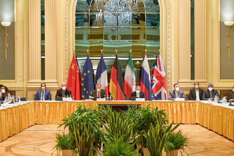 <p>Delegates from the parties to the Iran nuclear deal – Germany, France, Britain, China, Russia and Iran  –attend a meeting at the Grand Hotel of Vienna</p> (EU delegation in Vienna/AFP/Getty)