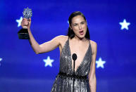 <p>We’ve said it before, and we’ll say it again — because we kind of can’t help it — you go, Gal! The <em>Wonder Woman</em> star accepted the #SeeHer award, an honor given to those who “push boundaries and recognize the importance of accurately portraying women across the entertainment landscape,” at the Critics’ Choice Awards. “I want to share this award with all the women and men who stand for what’s right, standing for those who can’t stand or speak for themselves,” Gadot said in her acceptance speech. “My promise and my commitment to all of you is that I will never be silenced. And we will continue to band together to make strides uniting for equality.” (Photo: Kevin Winter/Getty Images) </p>