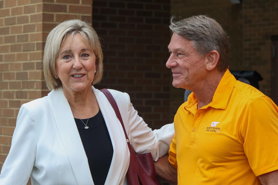 University of Tennessee at Knoxville Chancellor Donde Plowman and University of Tennessee System President Randy Boyd before a presentation about the UT Promise program at West High School on Tuesday, September 7, 2022.