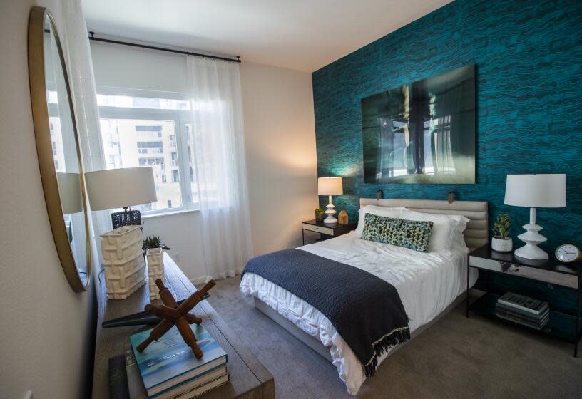 LONG BEACH, CA - APRIL 28, 2021: Overall, shows the master bedroom inside a two bedroom apartment at the Oceanaire apartments, a luxury apartment complex in Long Beach. (Mel Melcon / Los Angeles Times)