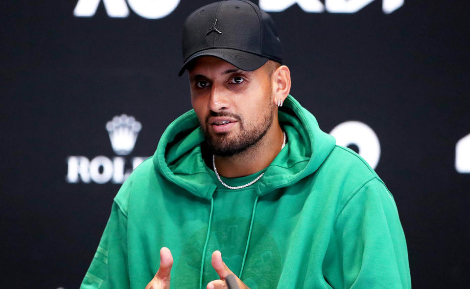 Nick Kyrgios, pictured here speaking to the media the Australian Open.