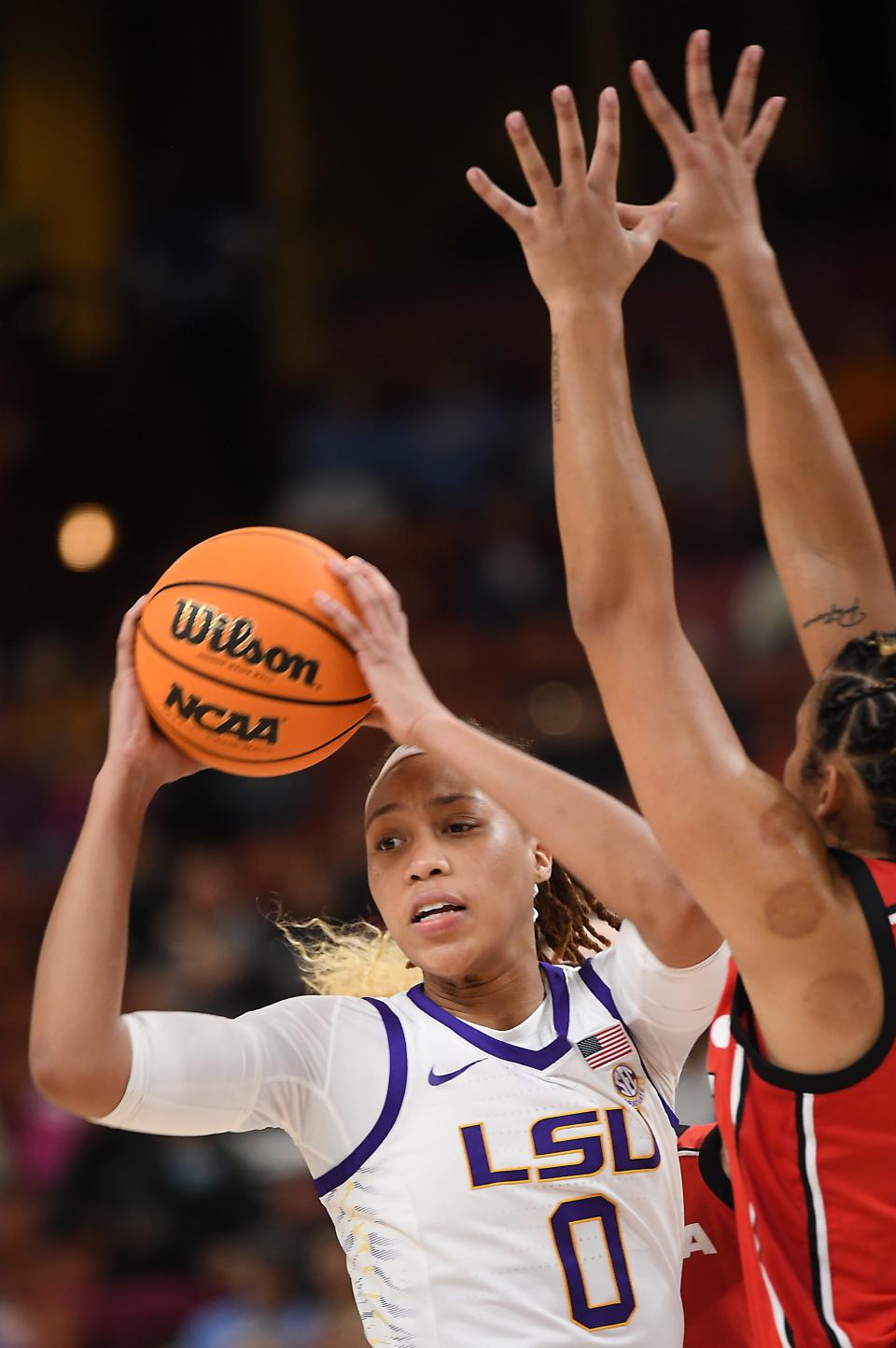 LaDazhia Williams of LSU has the ball against Georgia in the SEC Women's Basketball Tournament quarterfinals Friday, March 3, 2023, at the Bon Secours Wellness Arena in Greenville, S.C.