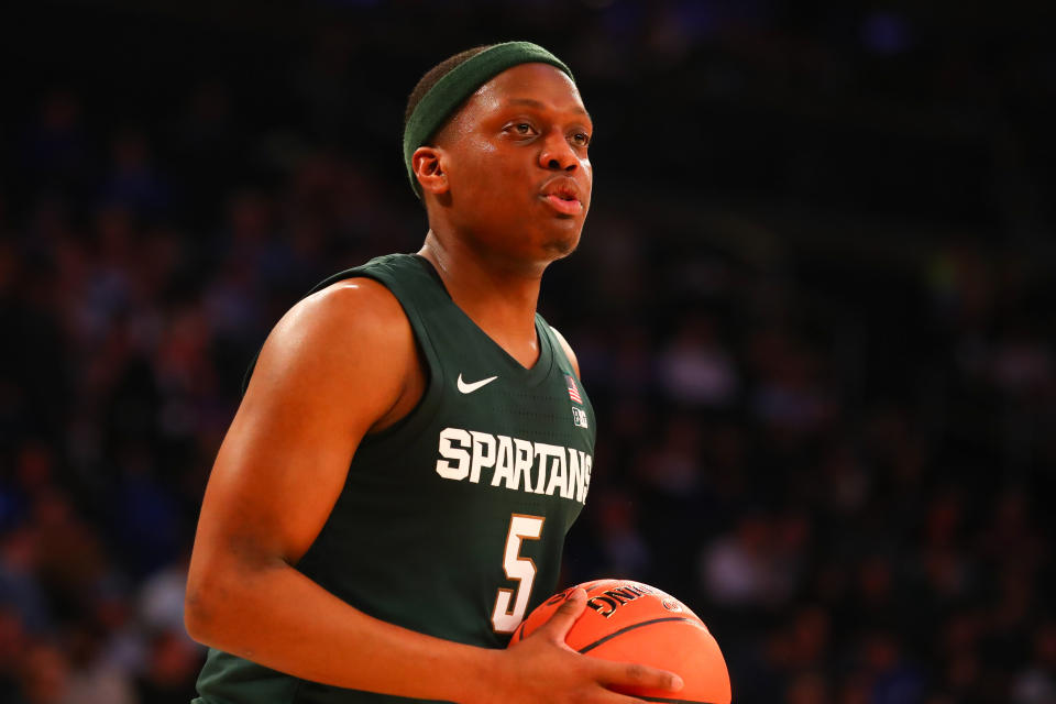NEW YORK, NY - NOVEMBER 05:  Michigan State Spartans guard Cassius Winston (5) during the first half of the 2019 State Farm Champions Classic  college basketball game between the Michigan State Spartans and the Kentucky Wildcats on November 5, 2019 at Madison Square Garden in New York, NY.  (Photo by Rich Graessle/Icon Sportswire via Getty Images)