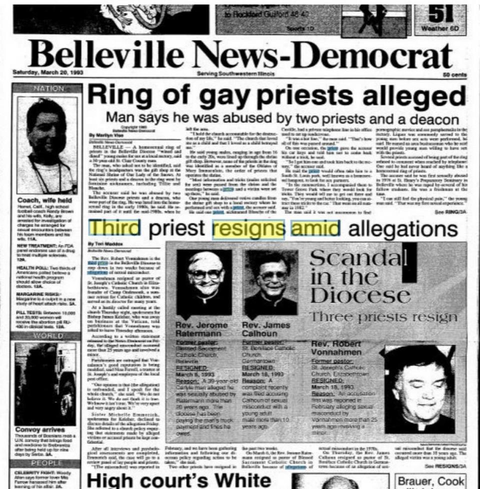 The Belleville News-Democrat’s front page regularly contained stories on the Catholic Diocese of Belleville clergy sexual-abuse scandal in the spring of 1993. This one reported that a third priest had been removed from ministry due to allegations.