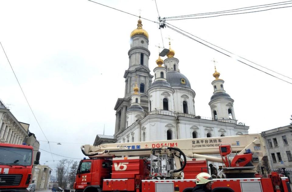 Fire trucks near the Dormition Cathedral in Ukraine