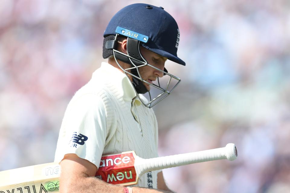 England's captain Joe Root walks back to the pavilion after getting out for 0 runs on the second day of the third Ashes cricket Test match between England and Australia at Headingley in Leeds, northern England, on August 23, 2019. (Photo by Paul ELLIS / AFP) / RESTRICTED TO EDITORIAL USE. NO ASSOCIATION WITH DIRECT COMPETITOR OF SPONSOR, PARTNER, OR SUPPLIER OF THE ECB        (Photo credit should read PAUL ELLIS/AFP/Getty Images)