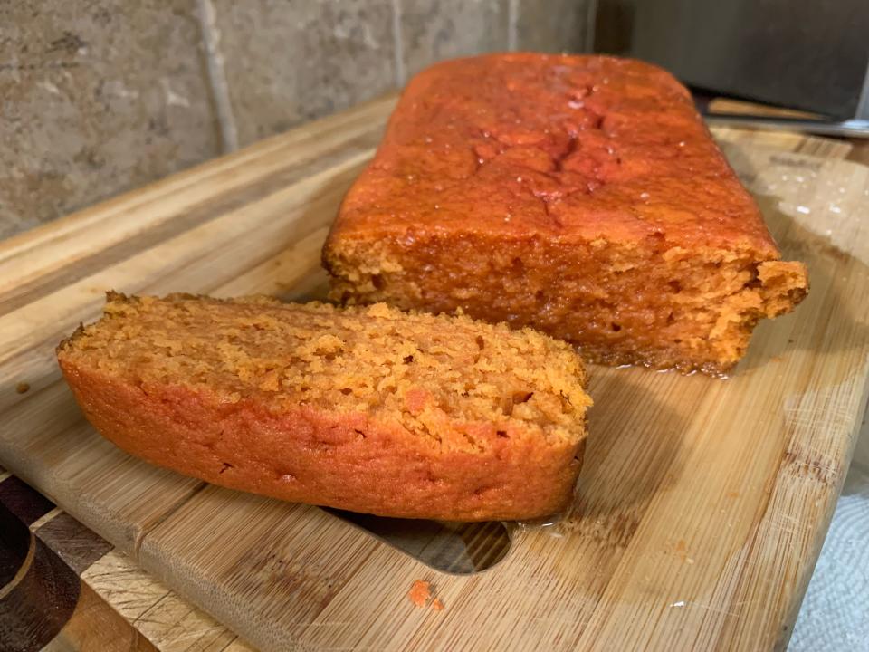 Trader Joe's blood orange cake cut on cutting board