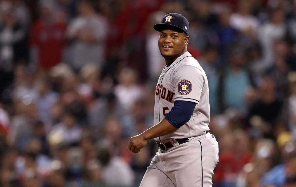 BOSTON, MASSACHUSETTS - OCTOBER 20: Framber Valdez #59 of the Houston Astros smiles in between pitches against the Boston Red Sox in the eighth inning of Game Five of the American League Championship Series at Fenway Park on October 20, 2021 in Boston, Massachusetts. (Photo by Elsa/Getty Images)