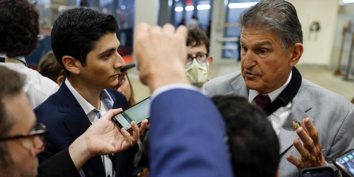 Sen. Joe Manchin (D-WV) speaks to reporters in the Senate Subway during a vote in the U.S. Capitol on September 08, 2022 in Washington, DC.