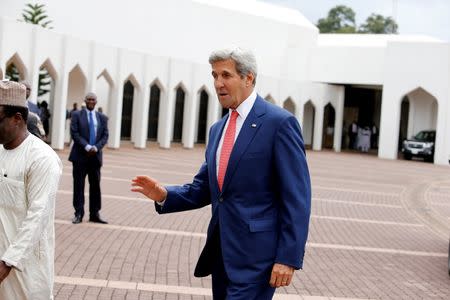 U.S. Secretary of State John Kerry is seen on arrival at the Presidential villa Abuja, Nigeria, August 23, 2016. REUTERS/Afolabi Sotunde