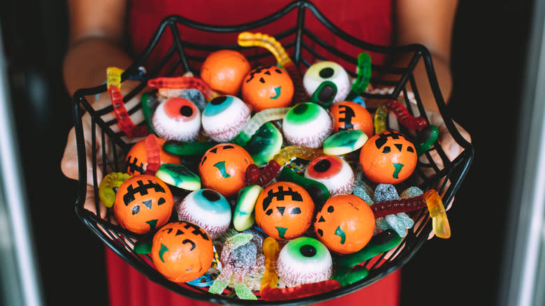 Spider web bowl with Halloween candy