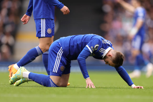 Leicester City&#39;s Jamie Vardy on his knees during the English Premier League match against Fulham. 