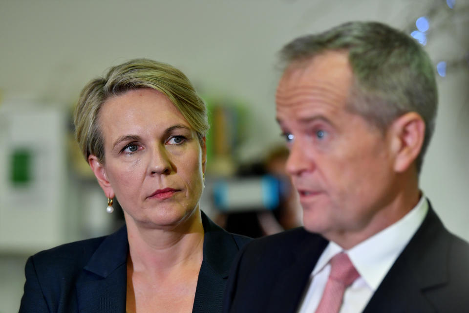 2019 Federal Election: Deputy Opposition Leader Tanya Plibersek (left) and Australian Opposition Leader Bill Shorten (right) are seen during a media conference at the Goodstart Early Learning Nollamara centre in Perth