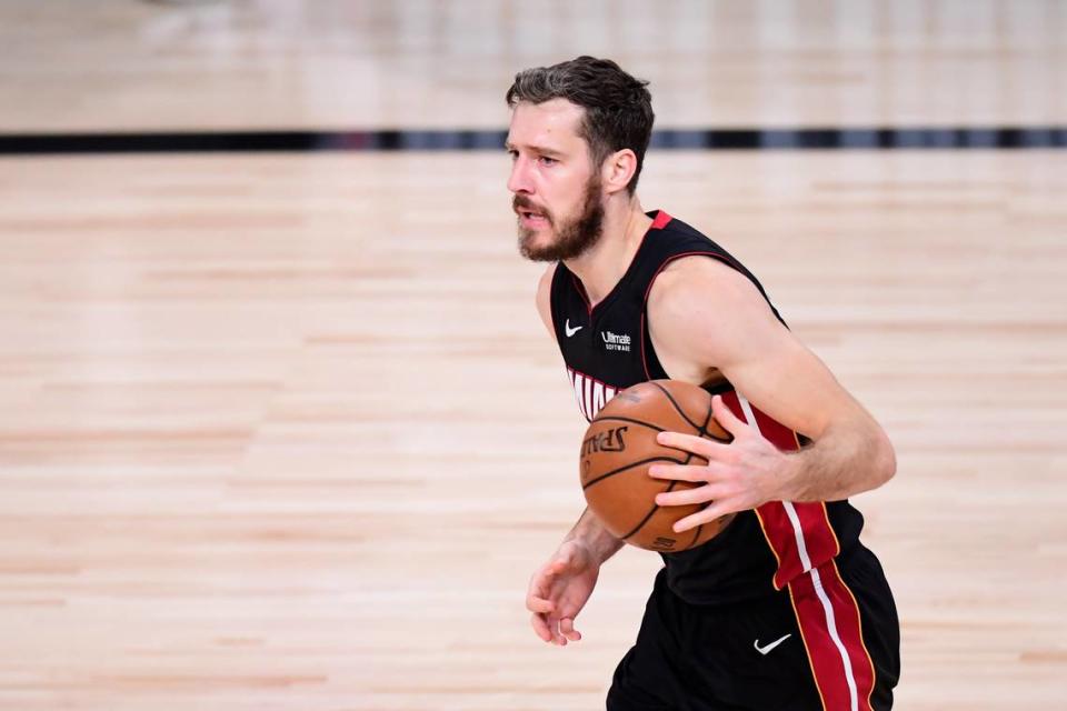 Goran Dragic #7 of the Miami Heat dribbles the ball during the second quarter against the Los Angeles Lakers in Game 6 of the 2020 NBA Finals at AdventHealth Arena at the ESPN Wide World Of Sports Complex on Oct. 11, 2020 in Lake Buena Vista.