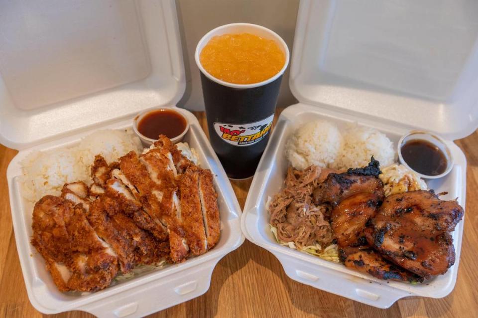 On the menu at Mo’Bettahs: katsu chicken, teriyaki chicken and kalua pork, served with white rice, cabbage, macaroni salad, a side of katsu sauce or teriyaki sauce and house-made P.O.G.