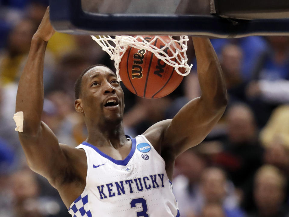 Kentucky's Bam Adebayo dunks the ball during the second half of a second-round game against Wichita State in the men's NCAA college basketball tournament Sunday, March 19, 2017, in Indianapolis. Kentucky won 65-62. (AP Photo/Jeff Roberson)