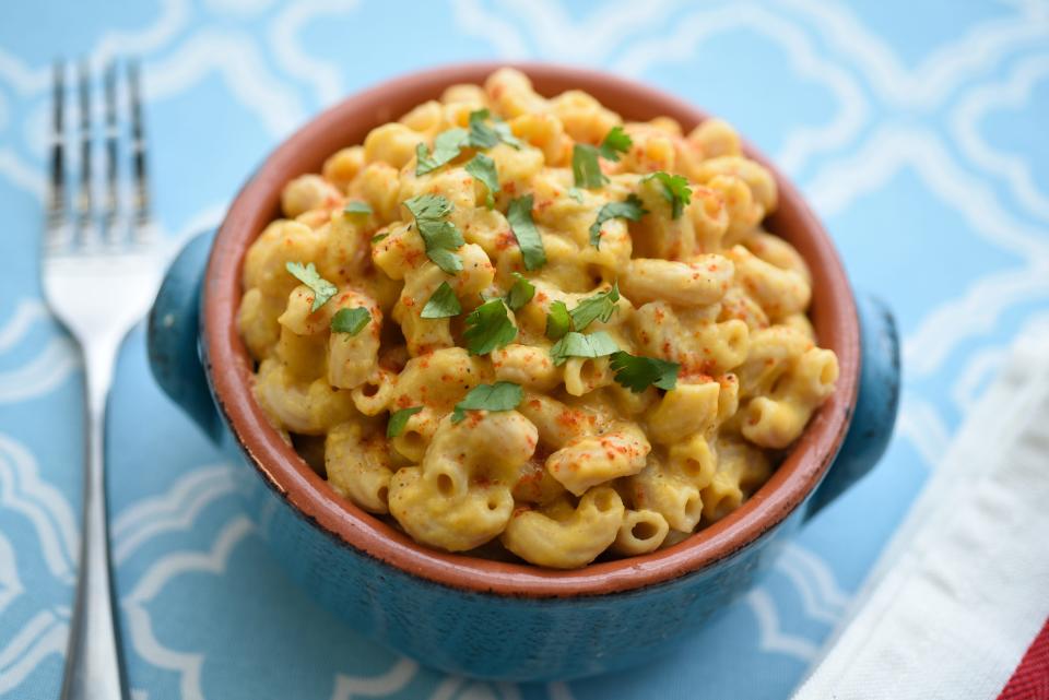 Macaroni and Cheese with Winter Squash is made with sharp cheddar, light cream cheese and frozen pureed squash.