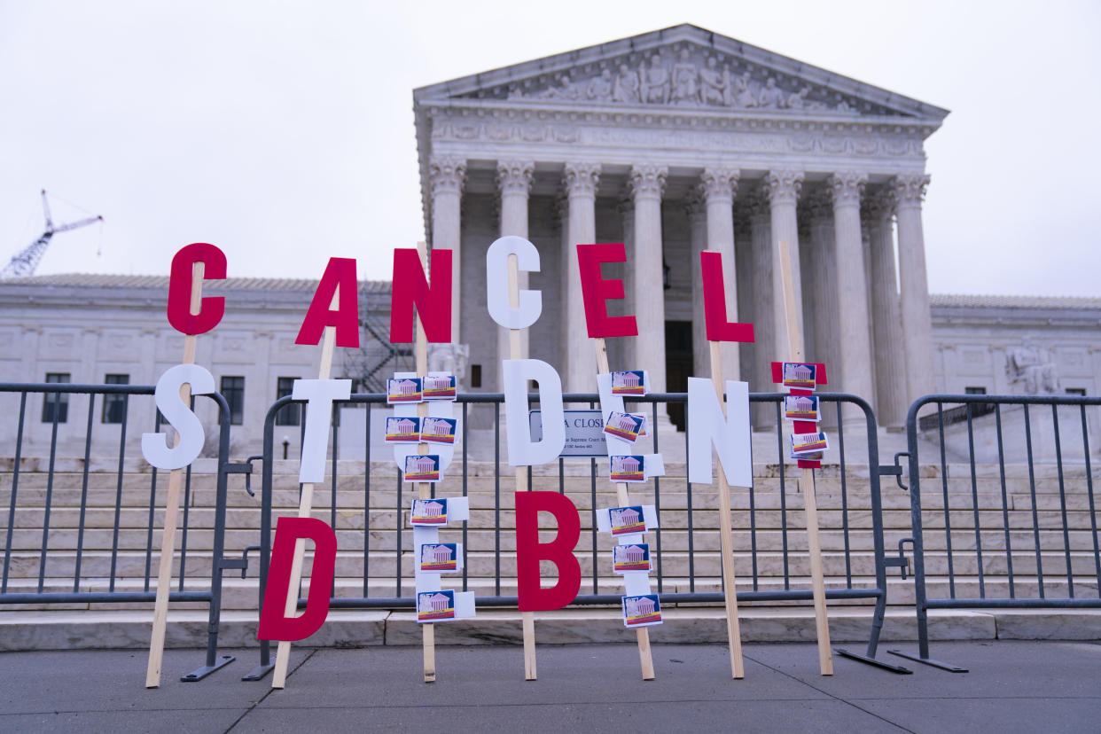 WASHINGTON, UNITED STATES - FEBRUARY 28: A sign reading Cancel Student Debt is staged outside of the Supreme Court of the United States in Washington, D.C., on Tuesday February 28, 2023. (Photo by Sarah Silbiger for The Washington Post via Getty Images)