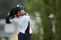 Chanettee Wannasaen, of Thailand, hits a tee shot on the sixth hole during the final round of the LPGA Portland Classic golf tournament in Portland, Ore., Sunday, Sept. 3, 2023. (AP Photo/Craig Mitchelldyer)