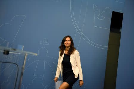 Swedish minister Aida Hadzialic announces at a news conference that she is resigning her education post after being caught driving under the influence of alcohol in Stockholm, Sweden, August 13, 2016. TT News Agency/Vilhelm Stokstad/via REUTERS