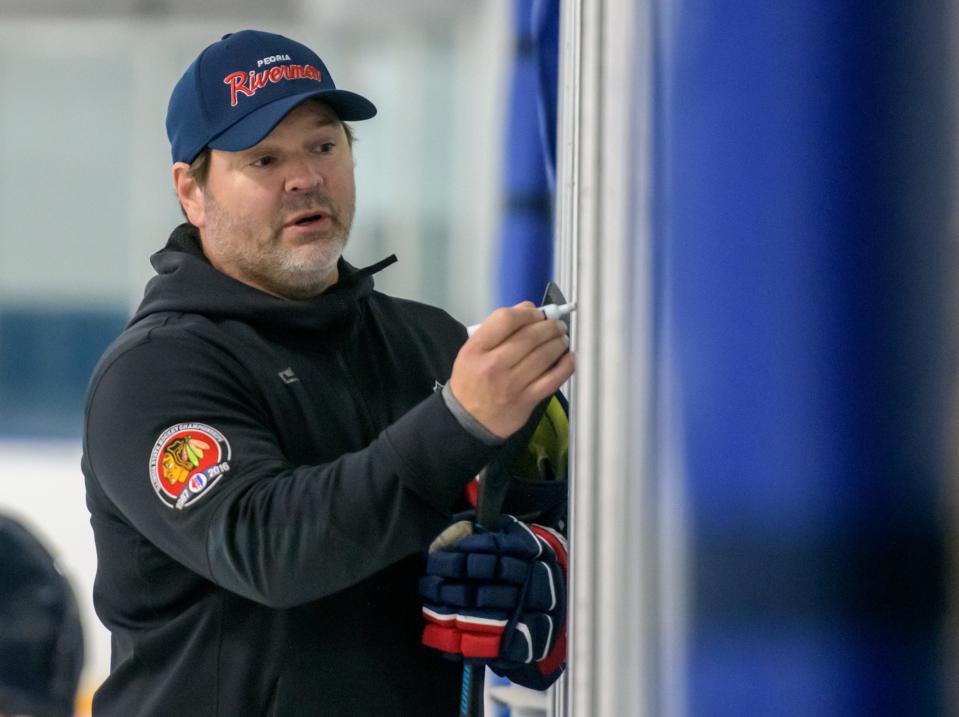 Peoria Rivermen head coach Jean-Guy Trudel draws up a play during training camp Tuesday, Oct. 10, 2023 at Owens Center.