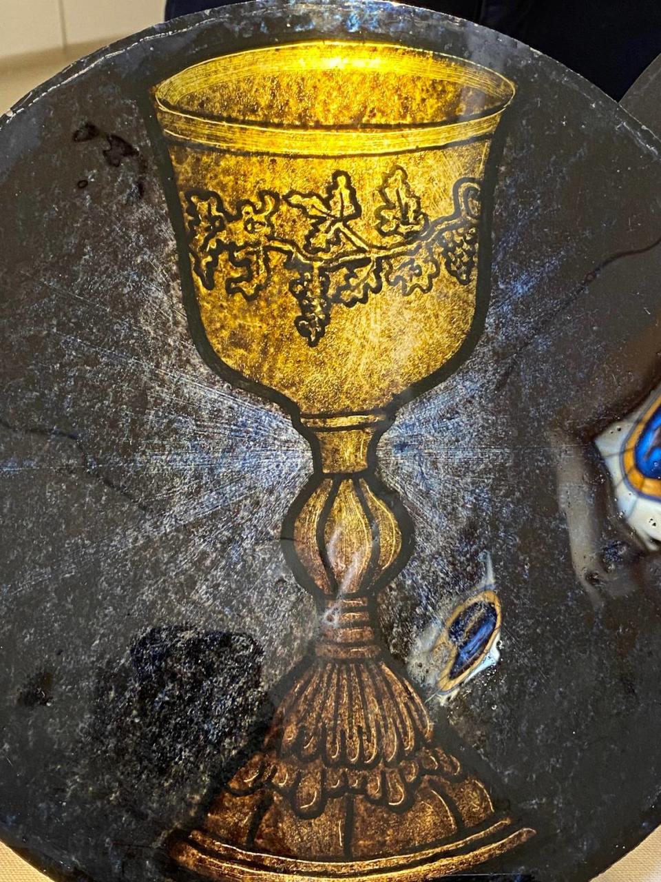 The wine goblet pictured in the stained-glass exhibit at Beth-El Congregation resembles a silver chalice used for Jewish ceremonial occasions and created by an 18th-century silversmith in Breslau, Poland. 