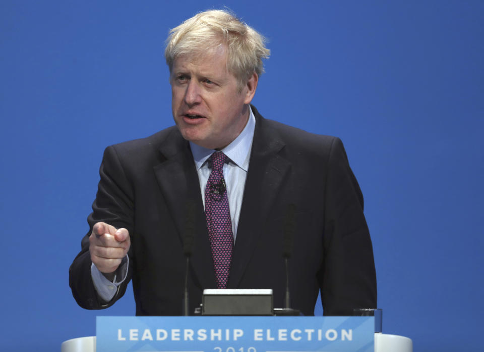 Britain's Conservative party leadership candidate Boris Johnson talks during the first party hustings at the ICC in Birmingham, England, Saturday June 22, 2019. (AP Photo/Rui Vieira)