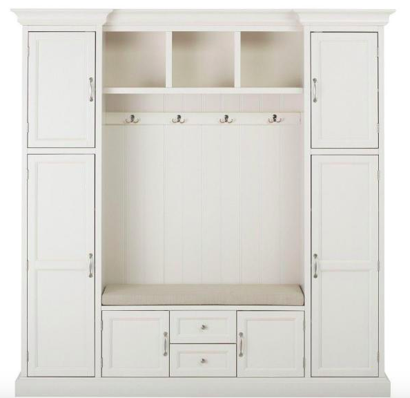 A white wood cabinet with a bench in the middle of it