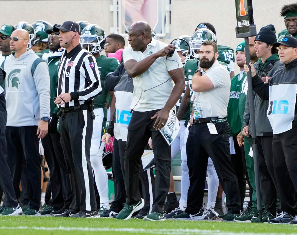 Oct 8, 2022; East Lansing, Michigan, USA; Michigan State Spartans head coach Mel Tucker gets upset after a no call on a play in the second quarter of the NCAA Division I football game between the Ohio State Buckeyes and Michigan State Spartans at Spartan Stadium. 