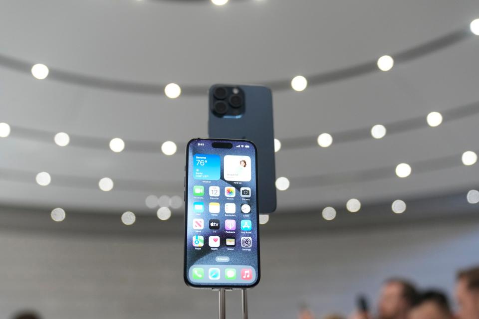 An iPhone 15 Pro on display at the Apple Campus Sept. 12.