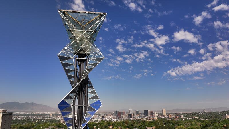 The 2002 Olympic cauldron at the Olympic and Paralympic Cauldron Plaza at the University of Utah in Salt Lake City on Wednesday, June 12, 2024.