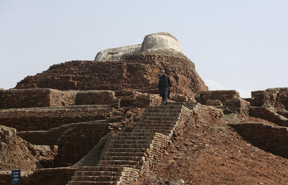 Ruins at Mohenjo Daro, a UNESCO World Heritage Site, in Mohenjo Daro, suffered damage from heavy rainfall, in Larkana District, of Sindh, Pakistan, Tuesday, Sept. 6, 2022. The rains now threaten the famed archeological site dating back 4,500 years. The flooding has not directly hit Mohenjo Daro but the record-breaking rains have inflicted damage on the ruins of the ancient city, said Ahsan Abbasi, the site's curator. (AP Photo/Fareed Khan)