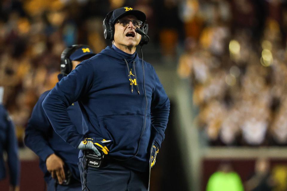 Michigan Wolverines head coach Jim Harbaugh looks on during the second quarter against the Minnesota Golden Gophers at Huntington Bank Stadium in Minneapolis on Saturday, Oct. 7, 2023.