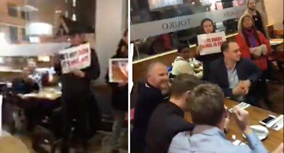 Protestors held signs and chanted at bemused diners. Source: Facebook/ DxE Brighton