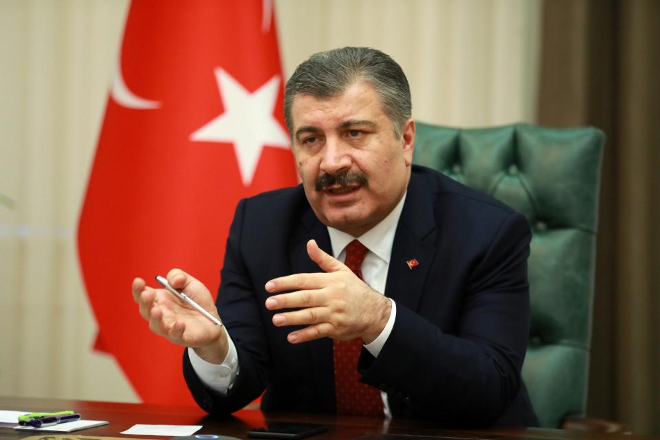Turkish Health Minister Fahrettin Koca attends Turkeyâs Coronavirus Science Board meeting via video conference, in Ankara, Turkey on April 7.