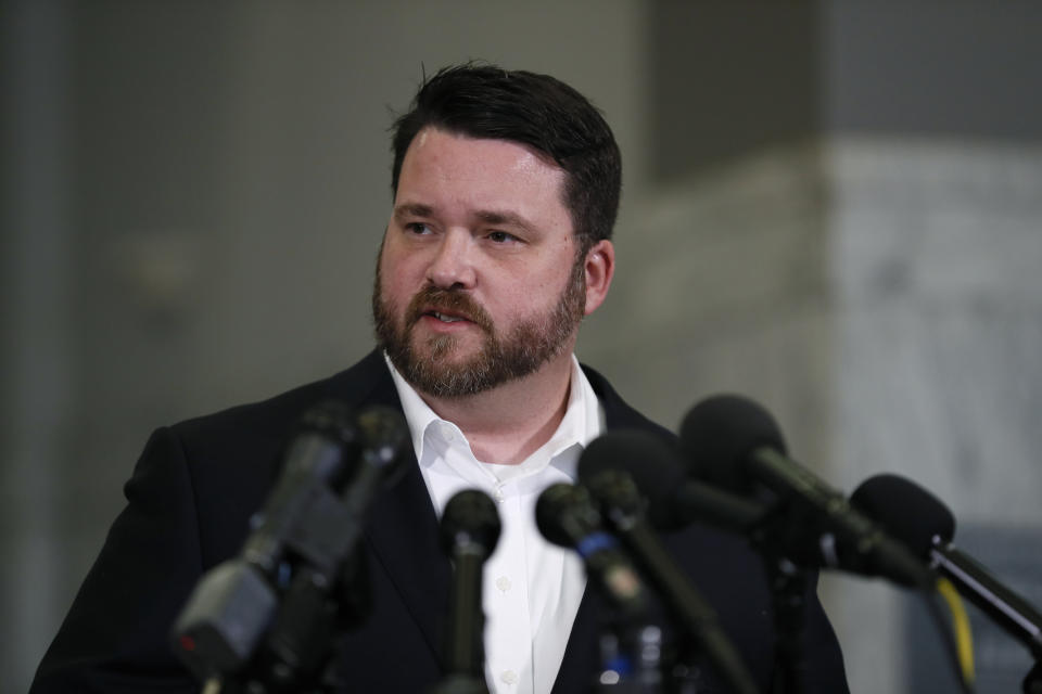 Iowa Democratic Party chairman Troy Price speaks to members of the media during a news conference, Monday, Feb. 10, 2020, in Des Moines, Iowa. (AP Photo/Charlie Neibergall)