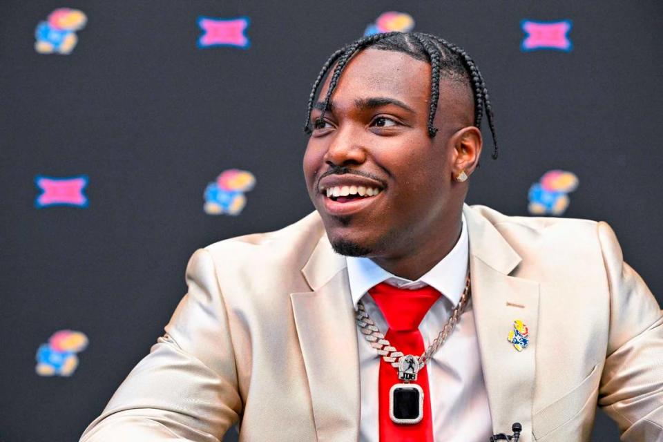 Kansas quarterback Jalon Daniels is interviewed during Big 12 football media days at AT&T Stadium in Arlington, Texas.