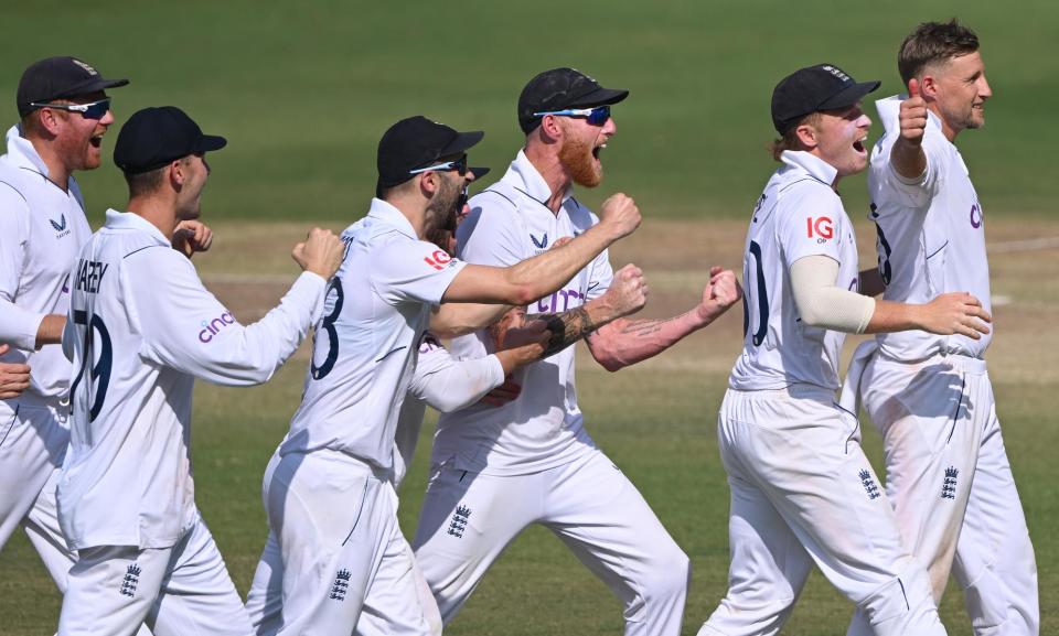 <span>Ben Stokes (centre) has guided England to victory in his first Test match in India as captain.</span><span>Photograph: Stu Forster/Getty Images</span>