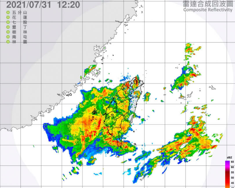 西南氣流影響，中南部地區降雨情況更加明顯。（圖／中央氣象局）