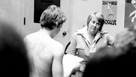 A woman on Yale's rowing team in 1976 stripped and wrote Title IX on her back to confront the school's athletic director about the women's team's lack of facilities, finances and support at Yale.