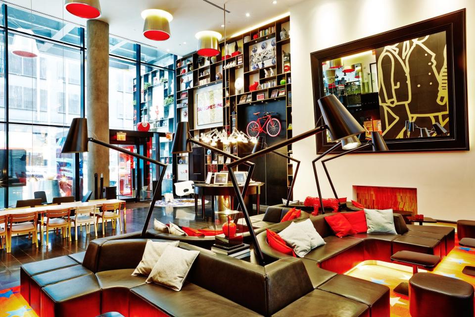 CitizenM's lobby is full of artwork and stylish mod furniture.