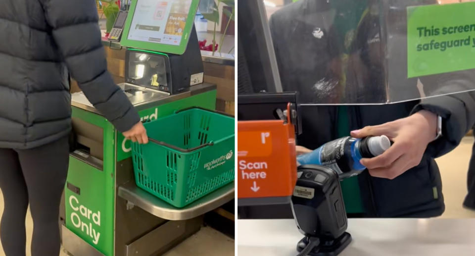 A photo of a Woolworths worker acting out a customer in the self-checkout area, who leaves their basket there instead of putting it back. Another photo of a Woolworths worker struggling to scan a Gatorade drink, during which a person acting out a customer remarks that the product is free if it can't be scanned. 