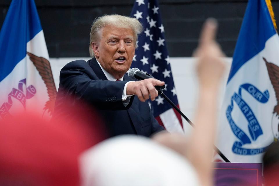 Former President Donald Trump visits with campaign volunteers at the Grimes Community Complex Park on June 1 in Des Moines, Iowa.