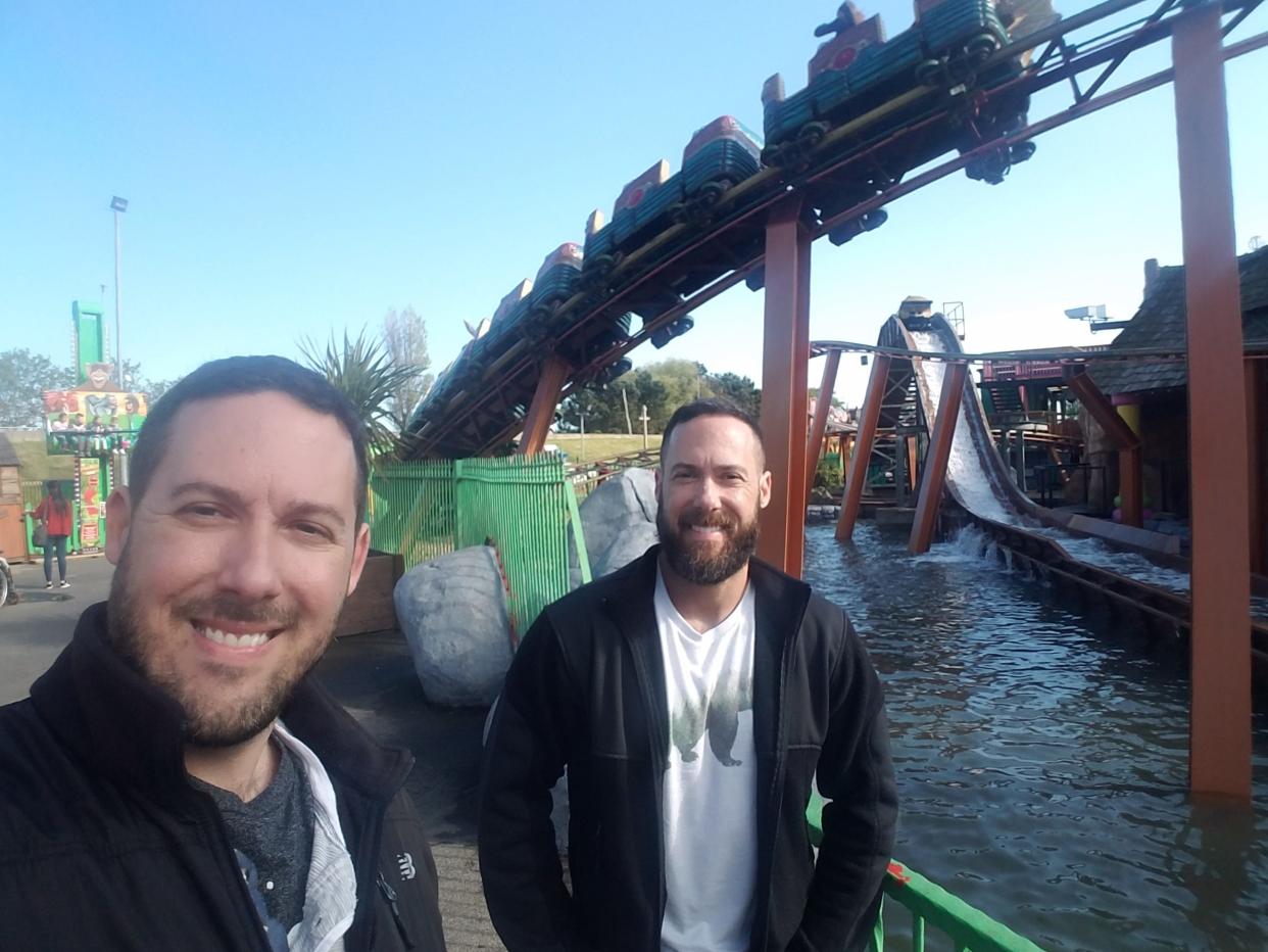 Derek and Doug Perry have each ridden more than 1,100 roller coasters, like this one at Fantasy Island in England.