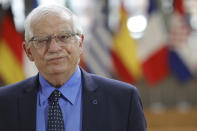 European Union foreign policy chief Josep Borrell speaks with the media as he arrives for a meeting of EU foreign ministers at the European Council building in Brussels, Monday, May 10, 2021. EU Foreign Affairs Ministers meet in Brussels to discuss current affairs, tensions with Russia, the Western Balkans, transatlantic relations and Belarus. (AP Photo/Olivier Matthys, Pool)