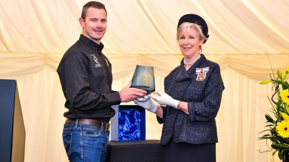 Gazette: Dura Composites MD Stuart Burns receiving the Queens Award from Mrs Jennifer Tolhurst, Lord-lieutenant of Essex. PIC: Robert Wong Creative Photography